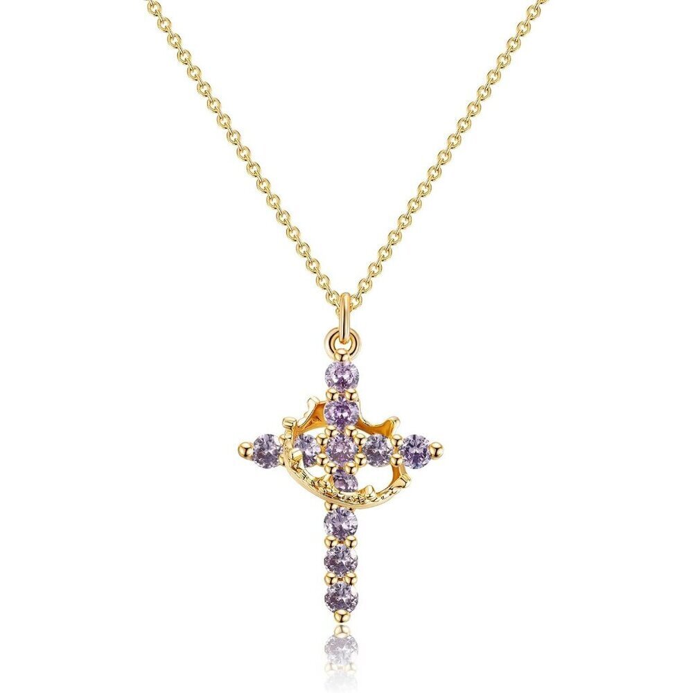Perfect Gifts Women's Crown M06 Purple Cross Necklace Gold Plated Faith Jewelry
